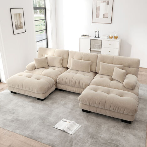 REDOM Divano 3 posti modulare, seduta profonda, pouf mobili, configurazione a U L o lineare, ciniglia vintage caffè chiaro