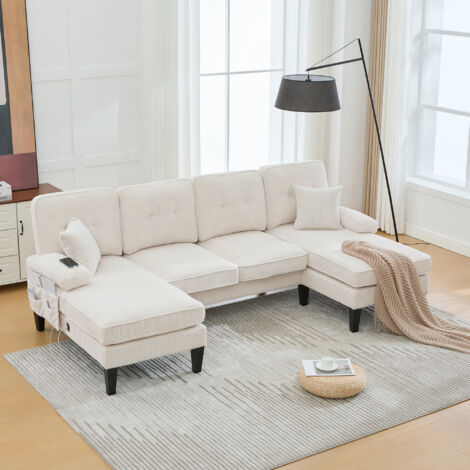 REDOM Divano modulare 250x130x88 cm, 4 posti con 2 chaise longue, schienale e cuscini, struttura stabile, in velluto cord beige