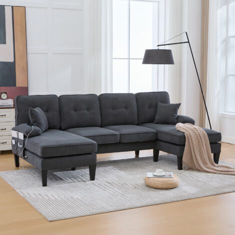 REDOM Divano modulare 250x130x88 cm, 4 posti con 2 chaise longue, schienale e cuscini, struttura stabile, tessuto lino grigio scuro