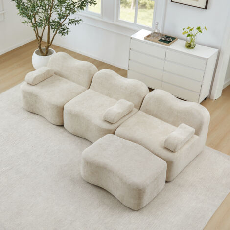 REDOM Divano modulare angolare, forma ondulata, seduta profonda, pouf collegabile, velluto beige
