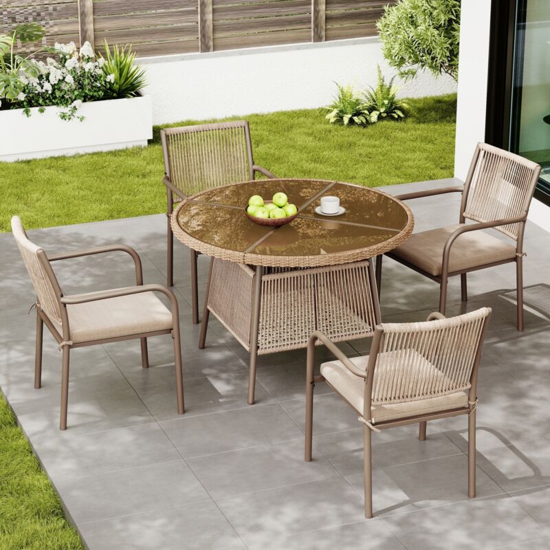 REDOM Ensemble de mobilier de jardin table ronde en rotin et verre + 4 fauteuils, structure en fer, marron