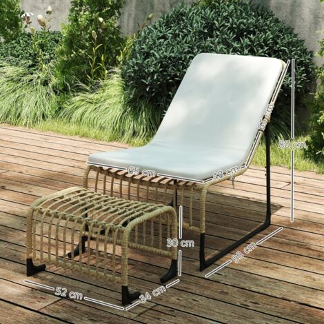 REDOM Fauteuil lounge d'extérieur 65x93x80 cm avec repose pieds, coussin fixable, rotin PE, blanc crème