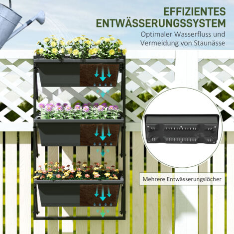 REDOM Fioriera verticale 56x42x100 cm, 3 livelli da 10 L, drenaggio, fissaggio a parete o ringhiera, acciaio e plastica grigio scuro