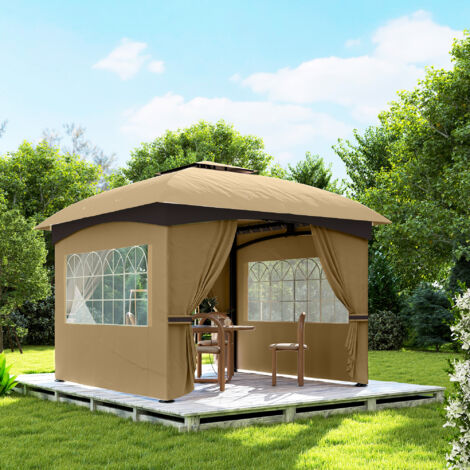 REDOM Gazebo da giardino 335x335x285 cm, doppio tetto ventilato, 4 pannelli con finestre, struttura in metallo, poliestere beige
