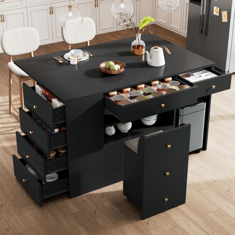 REDOM îlot de cuisine 140x40x89 cm 6 tiroirs, étagères ouvertes, placard bas, tabouret à roulettes avec rangement, noir