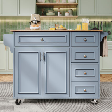Redom – Îlot de cuisine extensible bleu sur roulettes avec 5 tiroirs – Desserte en MDF – Dimensions 110x(45-75)x92 cm – Construction stable et design moderne