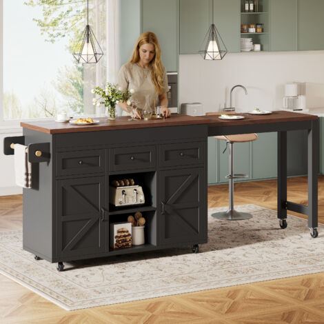 REDOM Isla de cocina 131.5-210x40x92 cm, encimera extensible y giratoria 360°, 3 cajones y 2 armarios, MDF negro