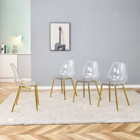 REDOM Juego de 4 sillas de comedor, asiento transparente, patas de metal dorado, estables y fáciles de limpiar