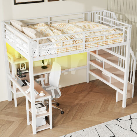 REDOM Letto a soppalco 140x200 cm con scala, scrivania integrata, vani portaoggetti e LED, MDF e metallo bianco, senza materasso
