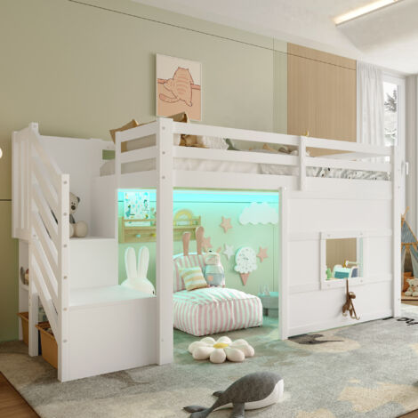REDOM Letto alto 90x200 cm con luce LED integrata sotto il letto robusta struttura in legno con scaletta incorporata pino bianco(Senza materasso)