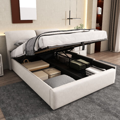 REDOM Letto contenitore 140x200 cm con apertura idraulica, 3 cassetti, velluto beige (Senza materasso)