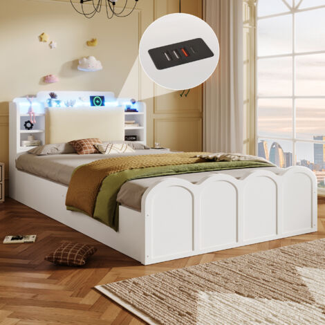 REDOM Letto contenitore 90x200 cm, letto singolo con LED e USB, vano segreto ribaltabile, in MDF, bianco, senza materasso