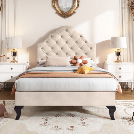 Redom – Lit adulte capitonné 90x200 cm – Tête de lit en velours beige – Sommier à lattes en bois – Confort optimal pour nuits réparatrices