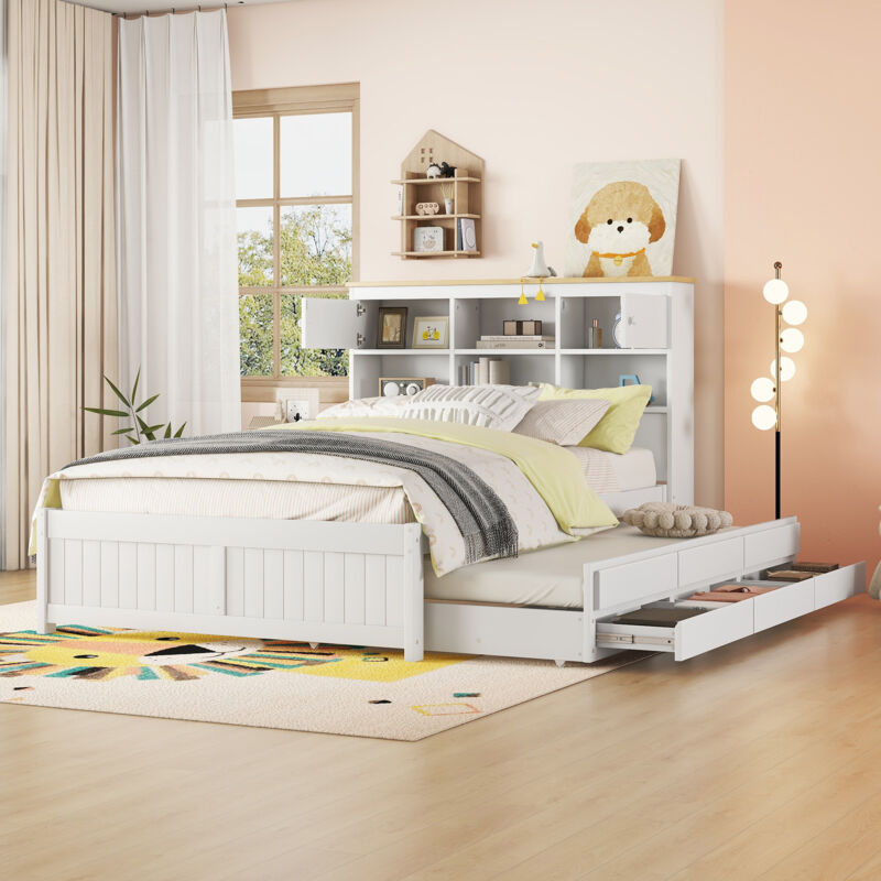 Redom - Lit simple 140x200 cm, avec lit gigogne et 3 tiroirs, 6 rangements en tête de lit, sommier à lattes, blanc, sans matelas