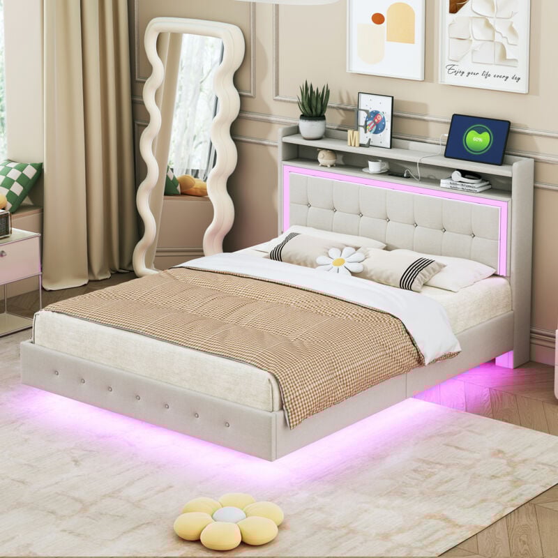 Redom - Lit adulte rembourré, lit 2 personnes avec port usb et lumière led, 140x200 cm, pieds de lit cachés, lin, beige, sans matelas