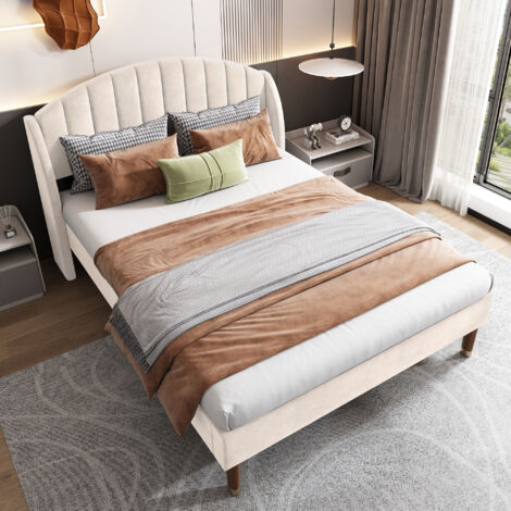 Redom – Lit capitonné adulte 140x190 cm – Sommier à lattes en bois – Velours beige – Installation facile avec instructions claires