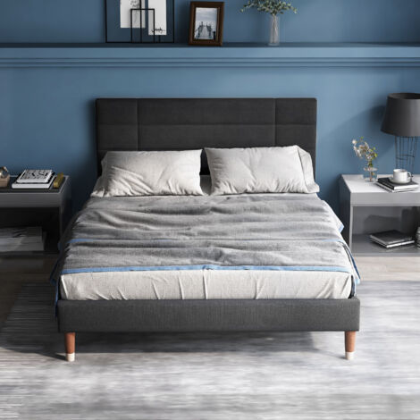Redom – Lit capitonné adulte 140x200 cm – Tête de lit en lin gris – Sommier à lattes en bois – 200 kg max – Espace rangement 17 cm