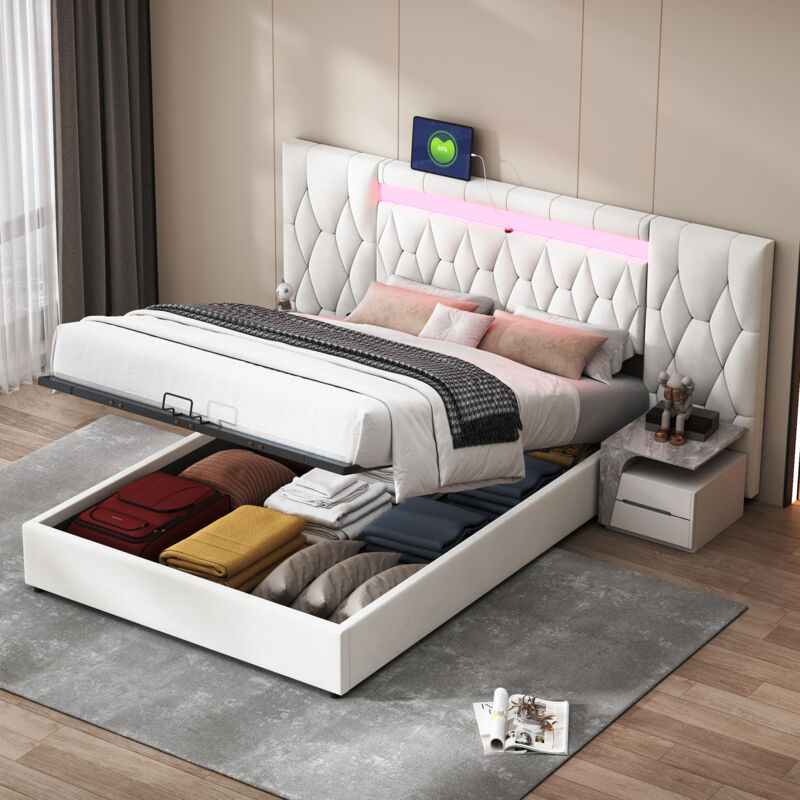 Lit coffre capitonné élégant 140x200 avec grand dossier, lit en velours avec prise led et usb, rangement hydraulique, beige - Redom