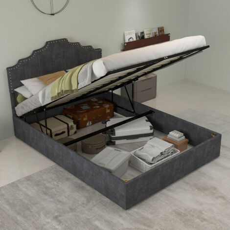 REDOM Lit coffre 140x200 cm tête capitonnée géométrique tissu et métal à vérin pneumatique gris (Sans matelas)