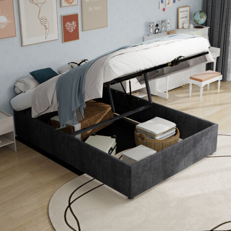 REDOM Lit coffre 160x200 cm vérins à gaz grand rangement tissu velours et métal gris (Sans matelas)