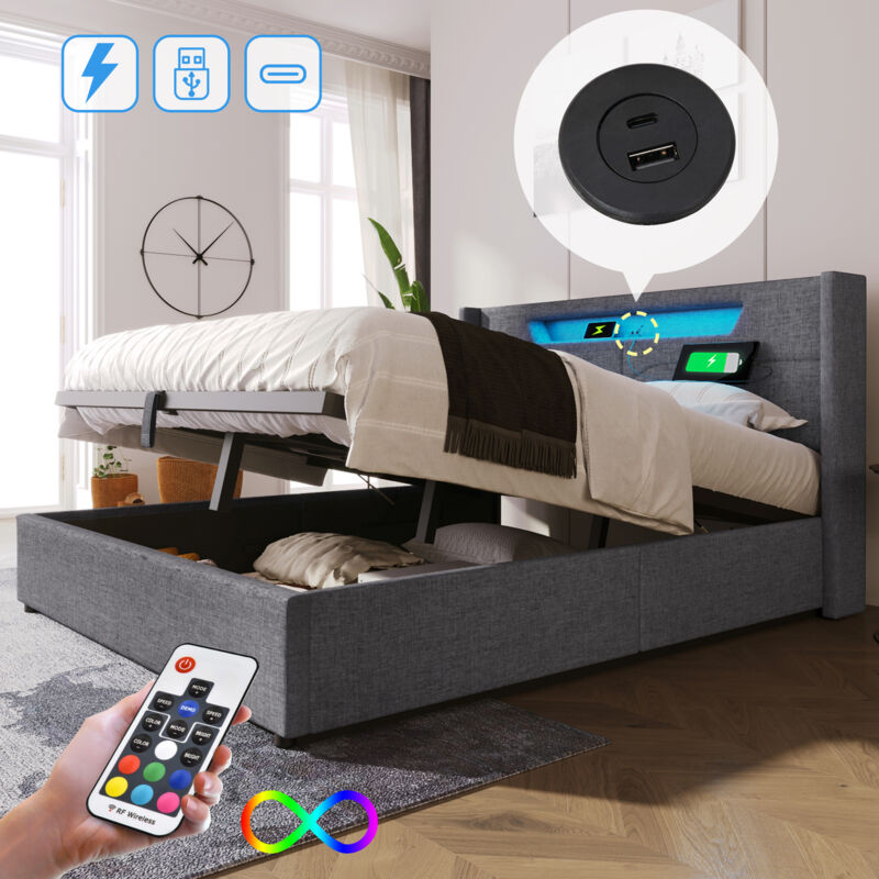 Lit coffre 140x200 cm lit double rembourré avec sommier à lattes, fonction de charge usb Type c et éclairage led, lin, Gris (sans matelas)
