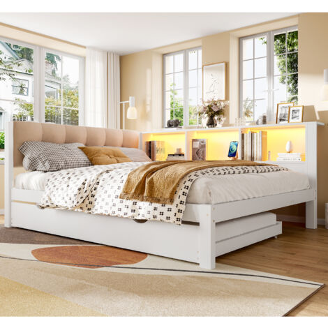 REDOM Lit double 140x200 cm lit gigogne extensible bois blanc Adapté aux enfants(Sans matelas)