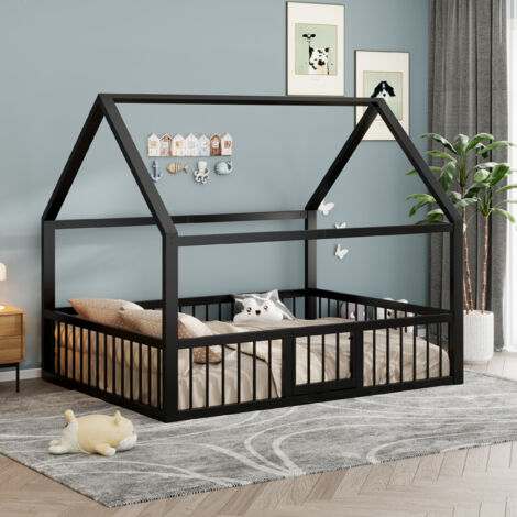 REDOM Lit enfant 140x200 cm avec barrières et portillon en métal noir (Sans matelas)