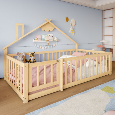 REDOM Lit enfant 90x190 cm maison ludique bois avec garde corps verrouillable naturel (Sans matelas)