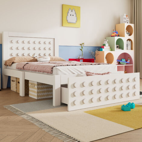 REDOM Lit enfant 90x200 cm design bloc créatif bois tiroir rangement blanc (Sans matelas)