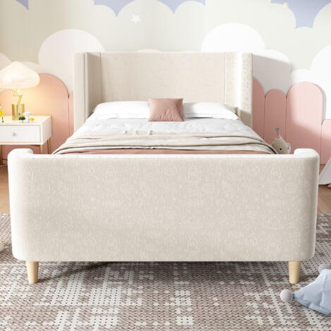 Redom – Lit enfant 90x200 cm – Lit simple avec sommier et tête de lit capitonnée – Velours beige hypoallergénique – Rangement sous lit 12 cm