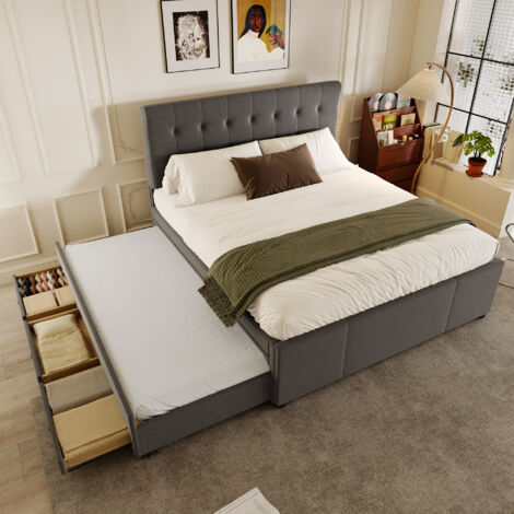 REDOM Lit gigogne 140x200 cm 3 tiroirs tête de lit réglable cadre en MDF tissu en lin gris (Sans matelas)