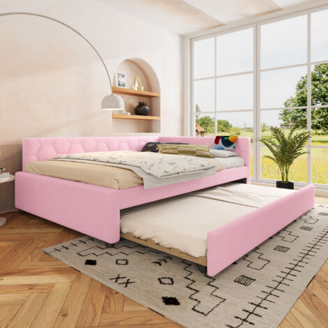 REDOM Lit gigogne 140x200 cm avec sommier à lattes lampe de chevet port USB tissu imitation laine rose (Sans matelas)