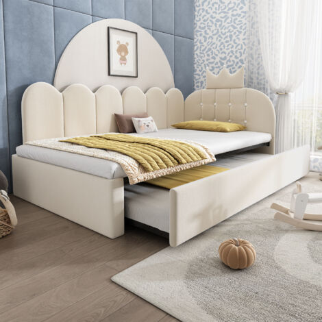 REDOM Lit gigogne 90x190/200 cm motif à carreaux, en forme de L, tissu velours, beige (Sans matelas)