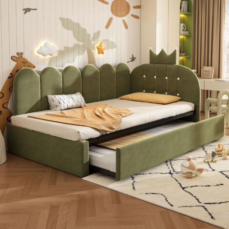 REDOM Lit gigogne 90x190/200 cm motif à carreaux, en forme de L, tissu velours, vert (Sans matelas)
