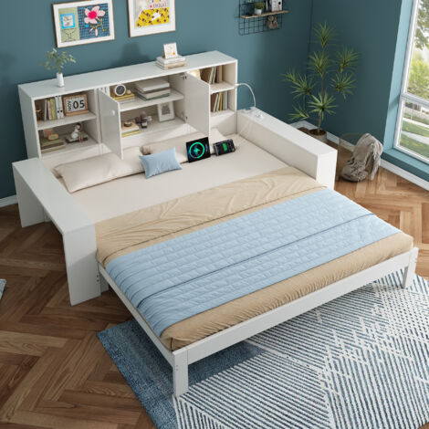 REDOM Lit gigogne 90x200 avec lit extensible, rangements et ports USB USB C MDF et contreplaqué blanc (Sans matelas)