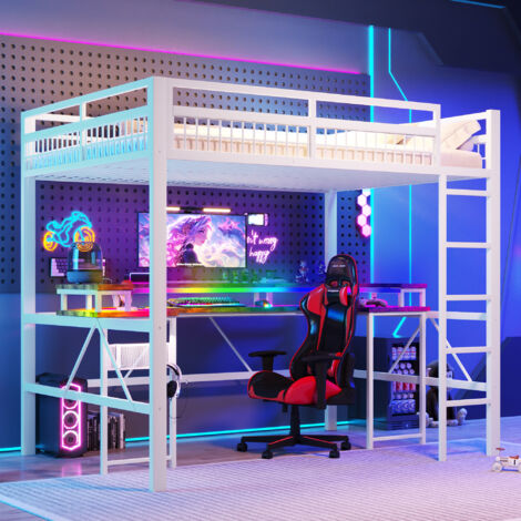 REDOM Lit mezzanine 140x200 cm avec bande LED multicolore, bureau, métal, blanc (Sans matelas)