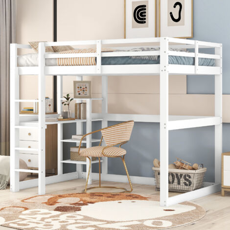 REDOM Lit mezzanine 140x200 cm avec bureau design simple avec rangements 4 étagères pin blanc antique (Sans matelas)