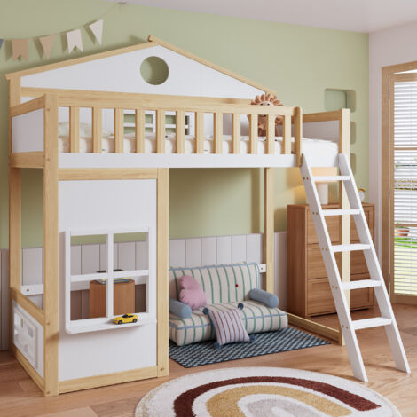 REDOM Lit mezzanine 90x200 cm avec escalier, avec garde corps, pin et MDF blanc et naturel (sans matelas)