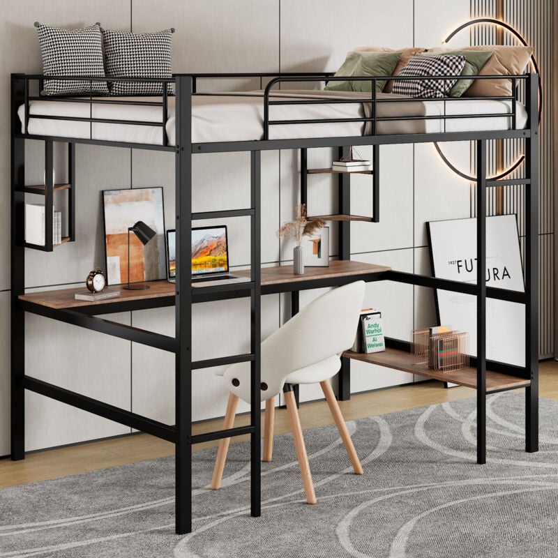Lit mezzanine 90x200 cm, lit en fer avec bureau et étagère de rangement, pour enfants, adolescents et adultes, noir, sans matelas