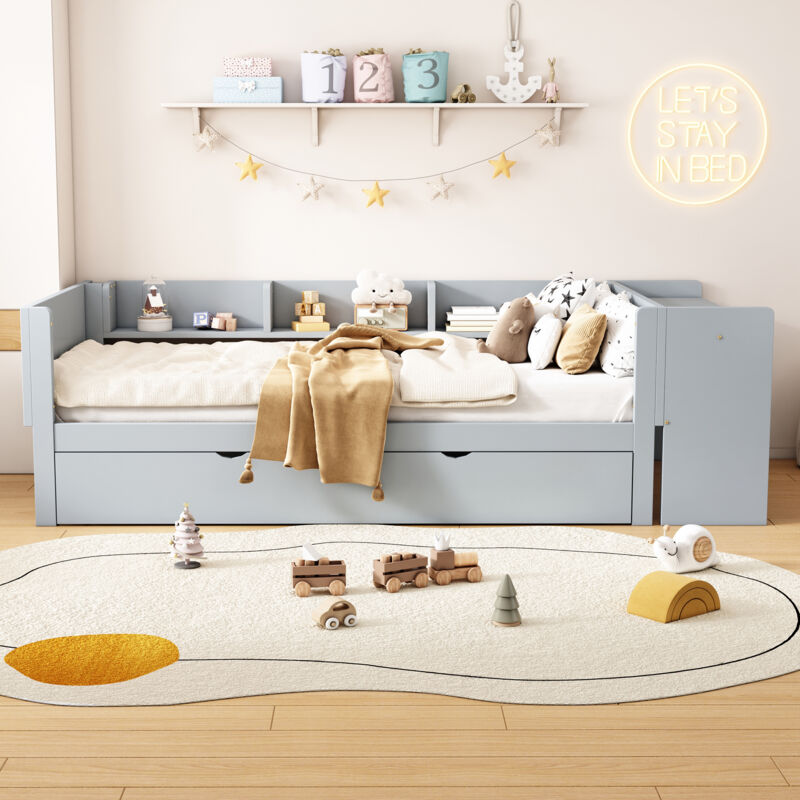 Redom - Lit plat, avec lit gigogne, avec bureau, trois étagères sur le côté du lit, 90200cm, Gris