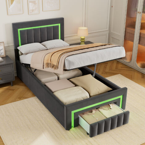 REDOM Lit simple 90x190 cm avec éclairage LED, espace de rangement, tiroirs et roulettes, gris (Sans matelas)