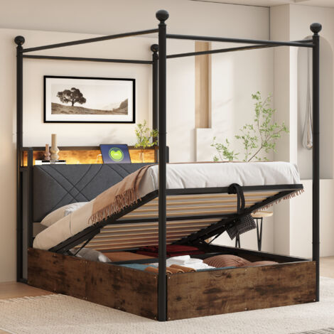 REDOM Lit simple 90x190 cm avec rangement hydraulique tête rembourrée métal noir (Sans matelas)