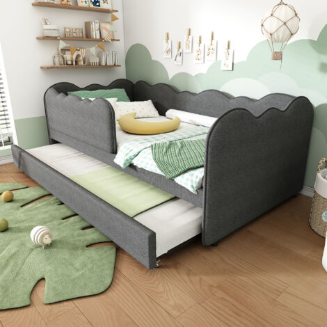REDOM Lit simple 90x190 cm avec sommier gigogne cadre de lit à lattes tissu lin gris (Sans matelas)