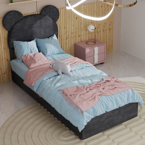 REDOM Lit simple 90x200 cm Tête de lit cartoon, revêtement tissu et métal, coffre pneumatique, gris (Sans matelas)