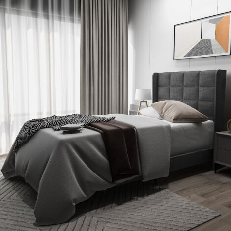 Redom – Lit simple capitonné 90x200cm en lin gris – Tête de lit haute – Sommier à lattes intégré – Charge max 150kg