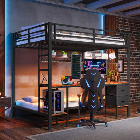 REDOM Lit superposé 90/140x200 cm avec tiroirs étagères de rangement bureau LED interface USB cadre en fer noir (Sans matelas)
