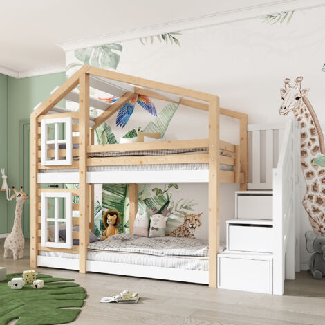 REDOM Lit superposé 90x200 cm cabane avec rangements, bois et MDF, naturel et blanc (Sans matelas)