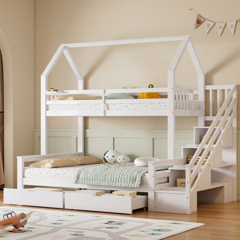 Redom - Lit superposé enfant avec échelle 90x200 cm + 140x200 cm, lit 3 personnes avec rangement, cadre de lit en bois, blanc, sans matelas