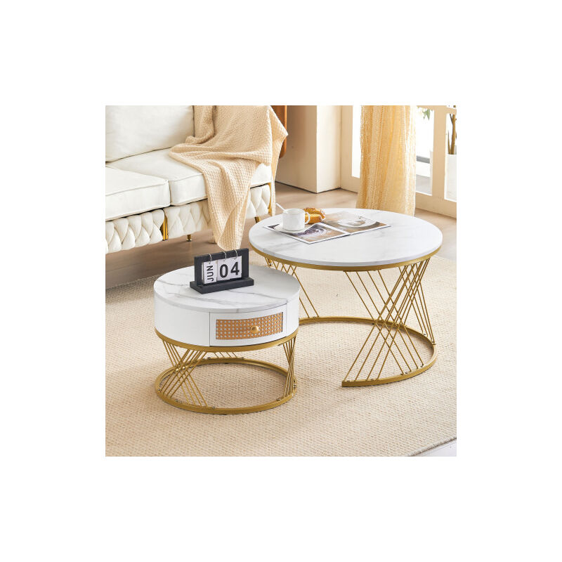 Redom - Lot de 2 Table basse gigogne ronde blanche avec plateau texturé en marbre et tiroirs avec façades en rotin plastique et accents dorés