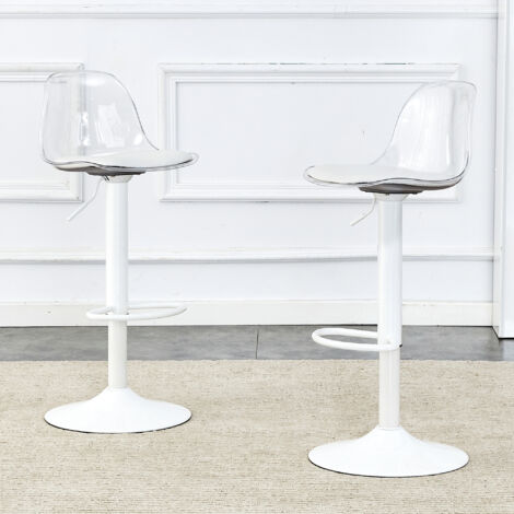 REDOM Lot de 2 tabouret de bar réglable 82-104 cm dossier transparent ergonomique siège 360° pieds métal blanc